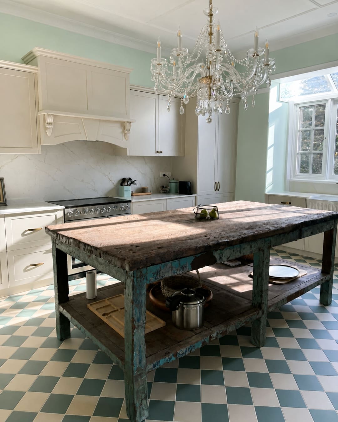 Moss Vale Kitchen with portable kitchen island mixing old with new 