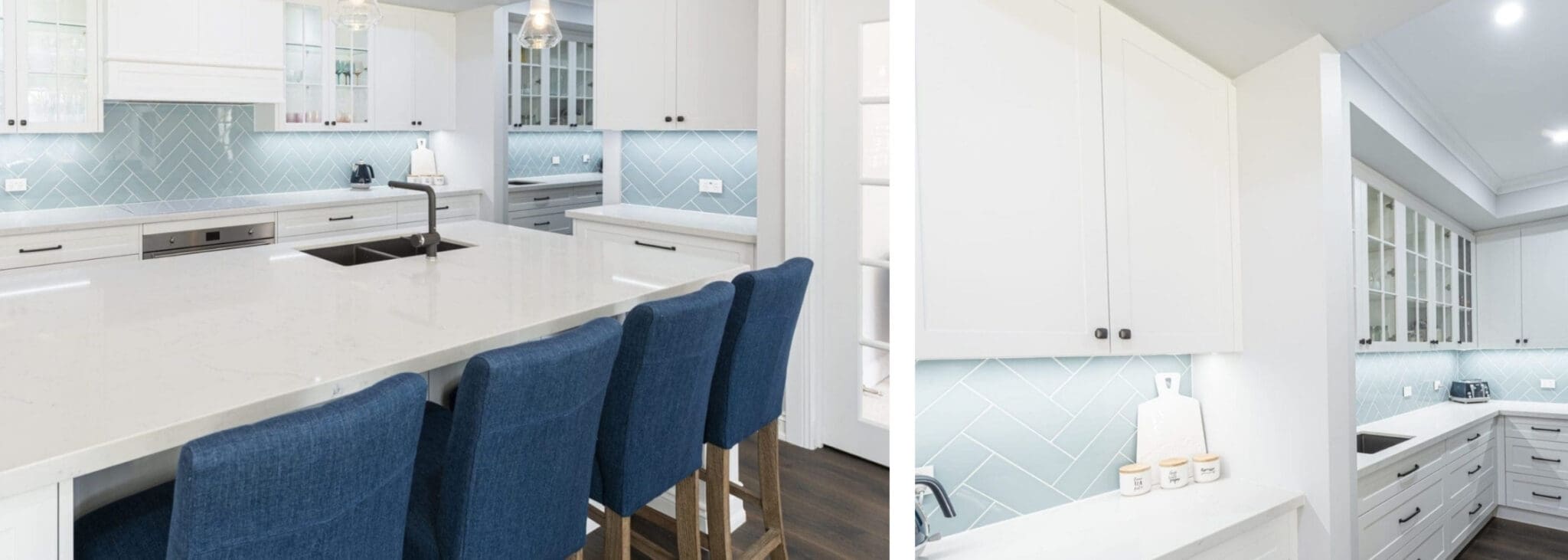 hamptons style kitchen with light blue splashback tiles and white custom cabentry
