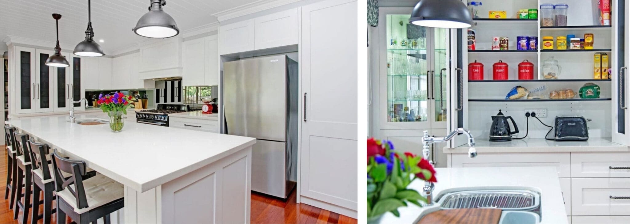 Classic black and white Hamptons kitchen with hanging pendant lights Narellan Vale