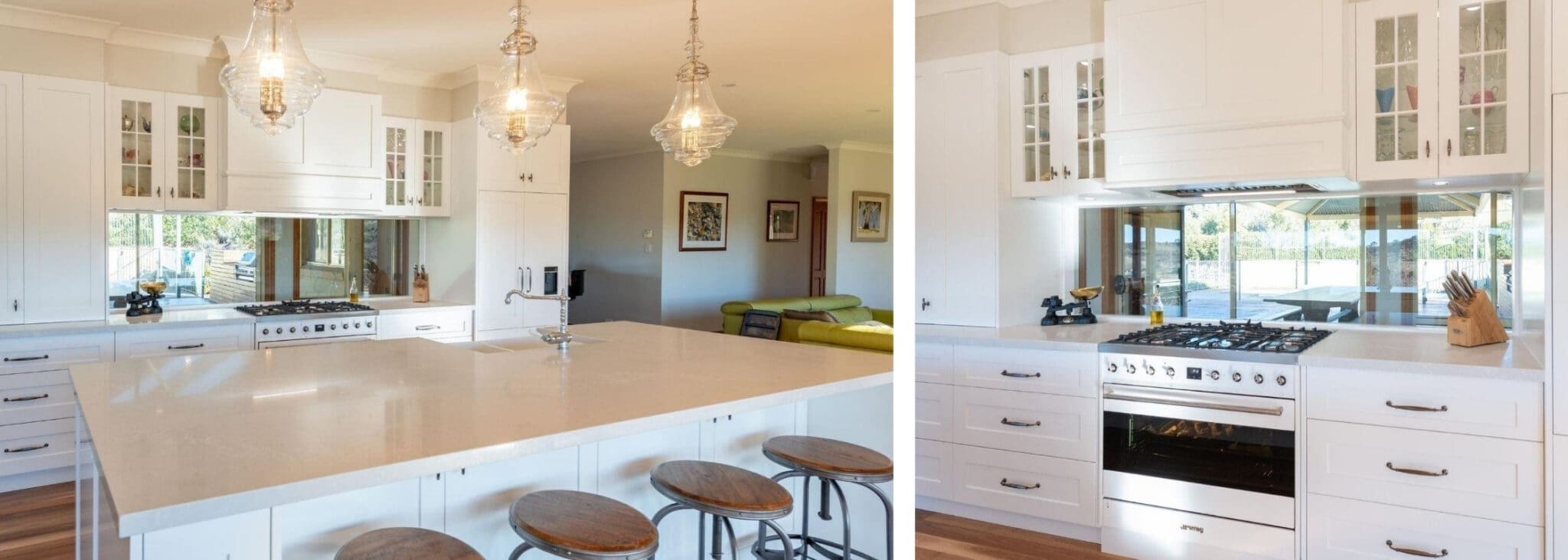 Classic mirrored Hamptons Douglas Park wide shot with kitchen island