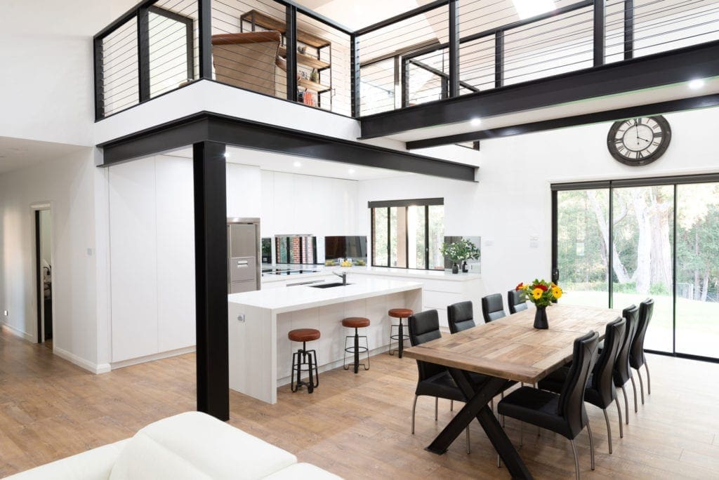 Modern white polyurethane kitchen Oakdale loft wide shot