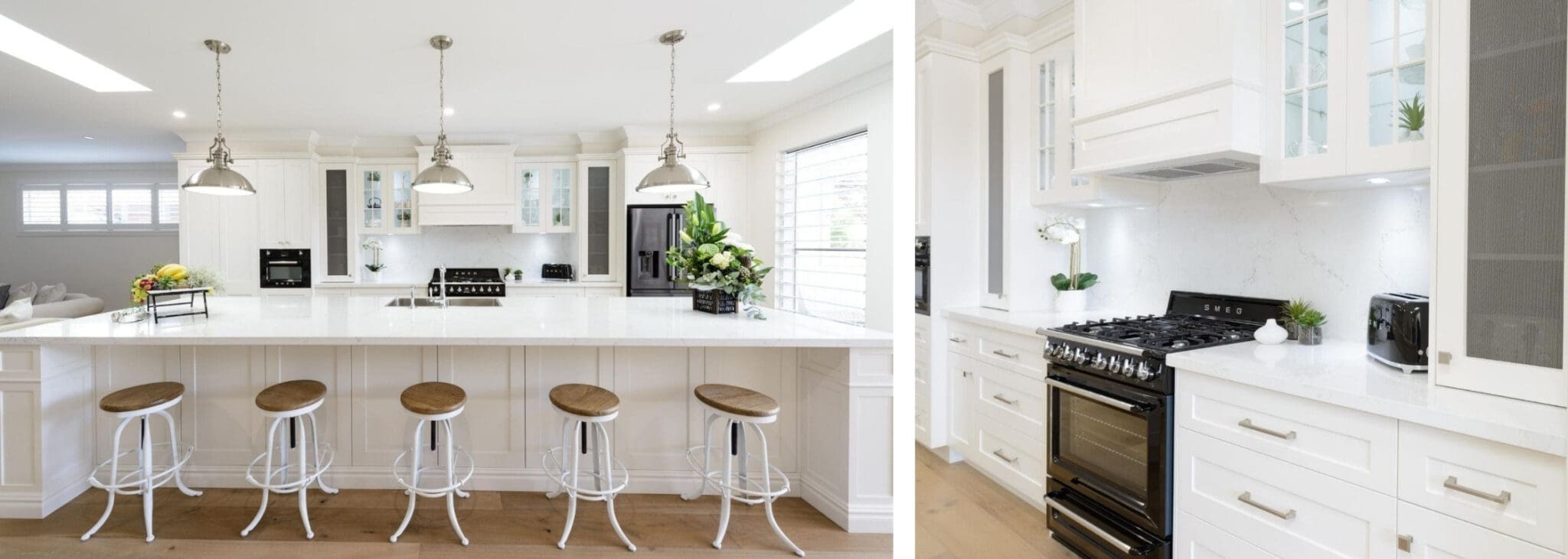 Natural Hamptons Style Kitchen Oak Flats island bench wide shot