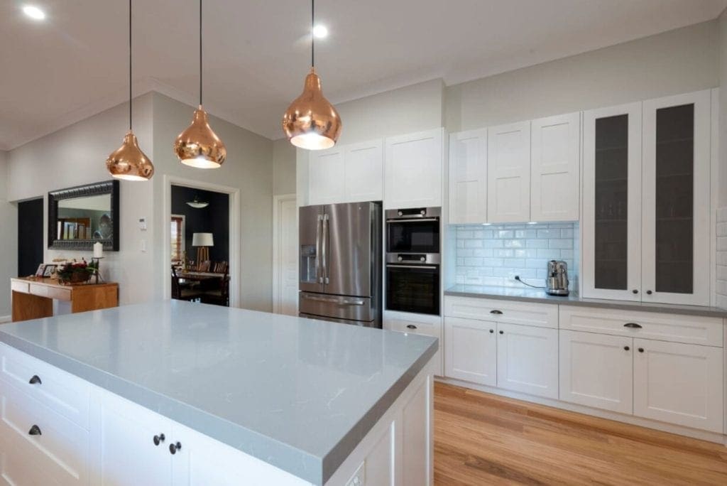 White modern kitchen Camden with subway tile splashback