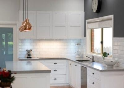 White modern kitchen Camden with subway tile splashback