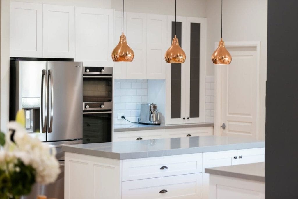 White modern kitchen Camden kitchen island pendants