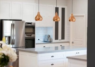 White modern kitchen Camden kitchen island pendants