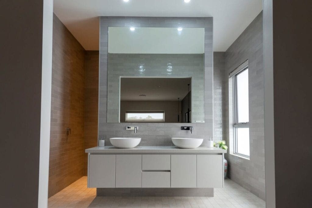 sleek streamlined stunning two toned kitchen Kirkham ensuite vanity with large mirror