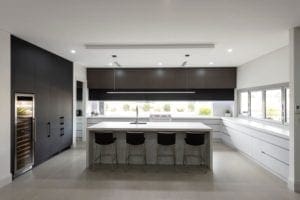 sleek streamlined stunning two toned kitchen Kirkham kitchen island bench front on