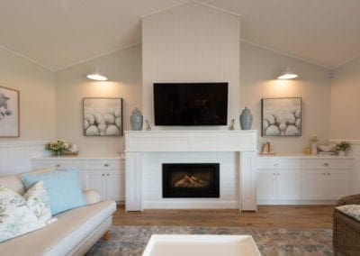sophisticated classic hamptons style kitchen Harrington Grove fireplace living room custom cabinetry