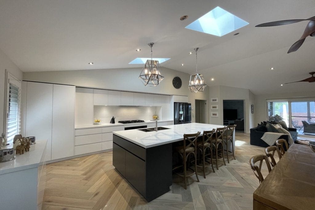 sophisticated two toned kitchen Bowral wide shot main kitchen island