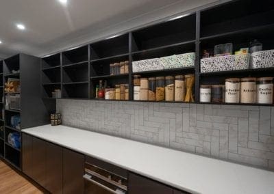 Striking two toned Hamptons kitchen Werombi butlers pantry shelving organisation