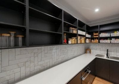 Striking two toned Hamptons kitchen Werombi butlers pantry splashback