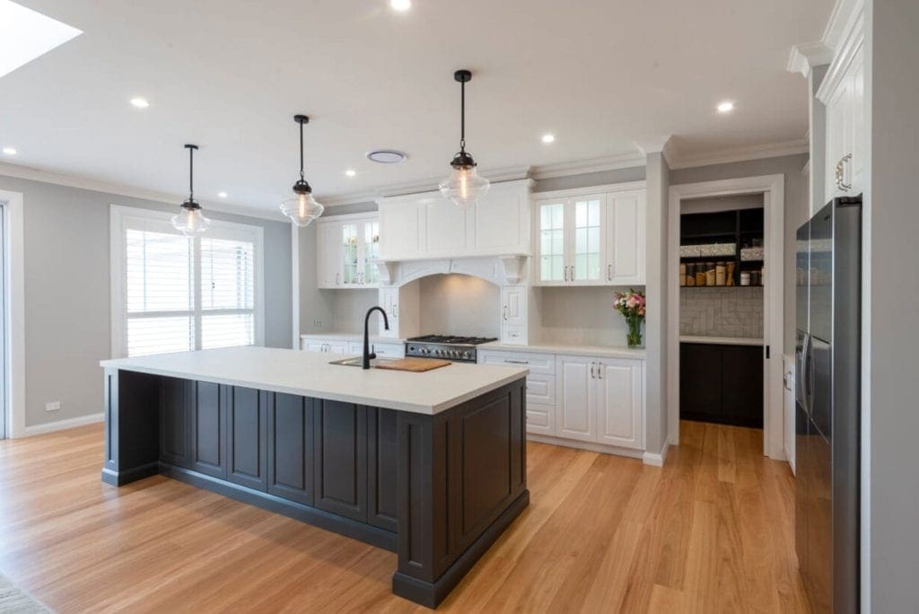 Striking two toned Hamptons kitchen Werombi kitchen island cabinetry