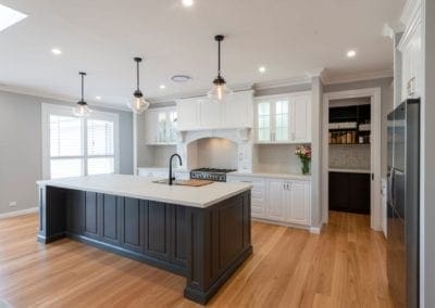 Striking two toned Hamptons kitchen Werombi kitchen island cabinetry