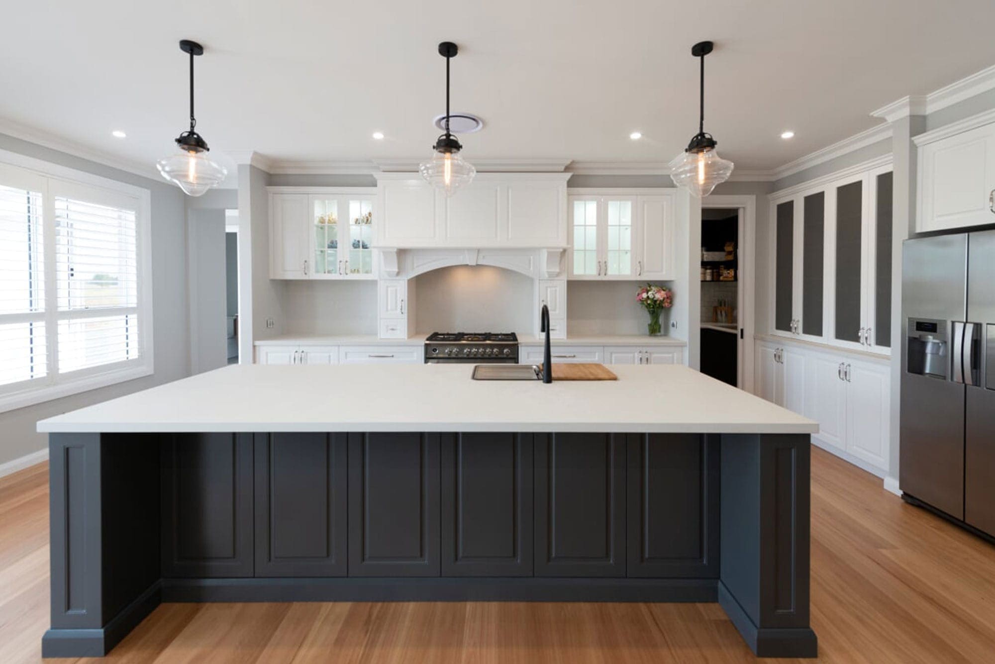 Striking two toned Hamptons kitchen Werombi kitchen island cabinetry