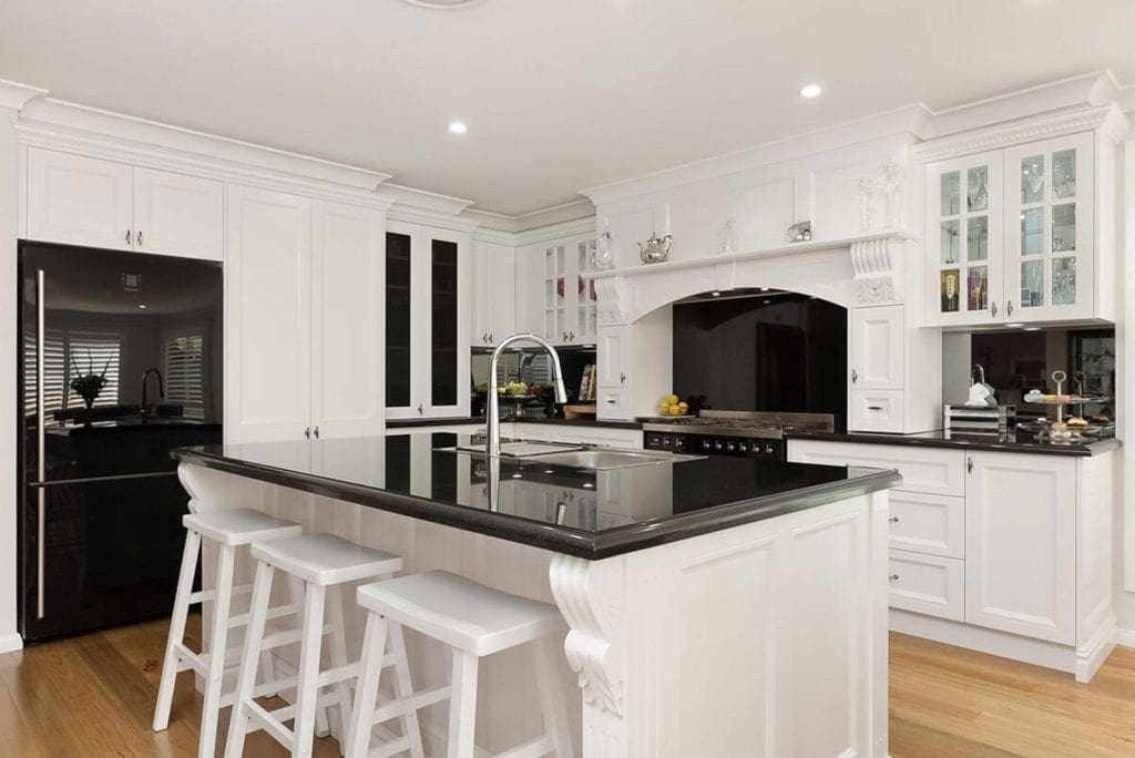 Traditional french provincial meets contemporary kitchen black gloss Harrington Park