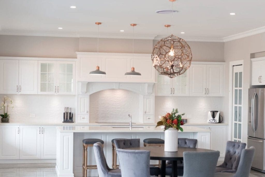 traditional hamptons style kitchen Cobbitty main wide room with light feature