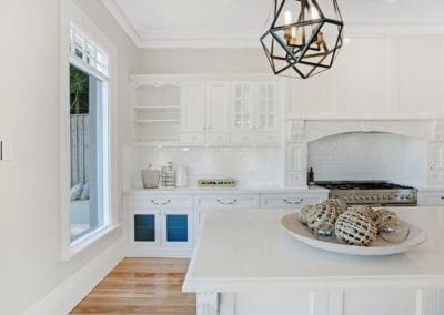 warm and refined country living kitchen outside view Warrawee kitchen island bench