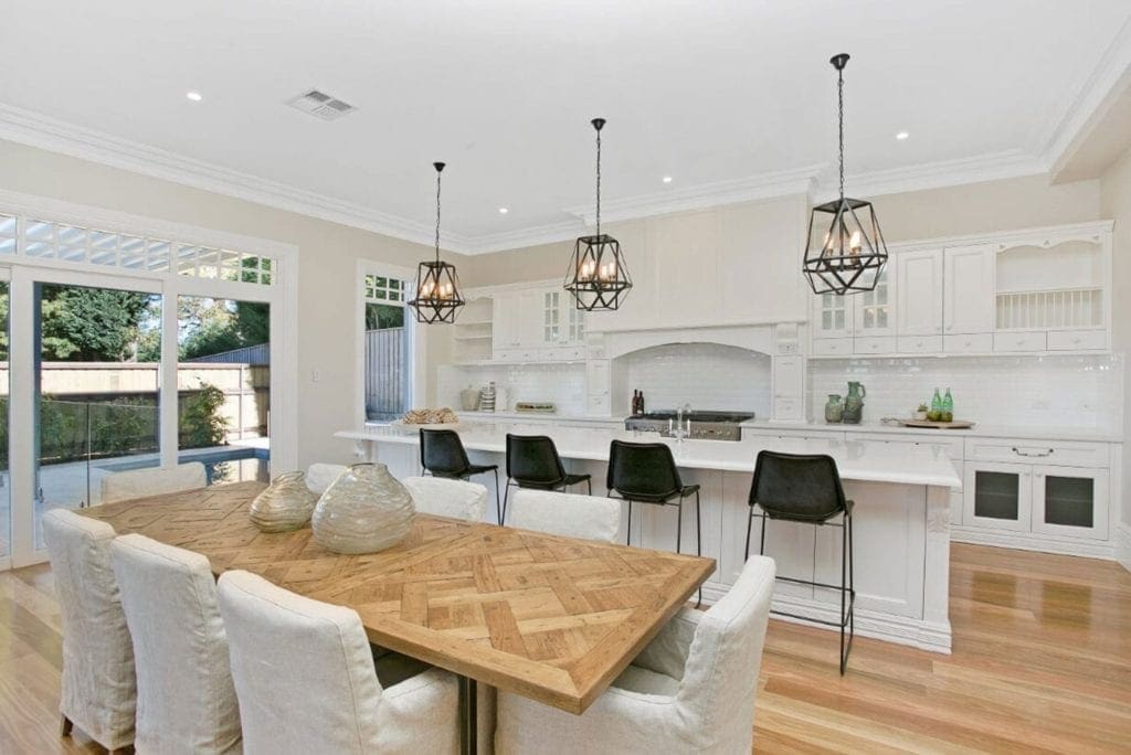 warm and refined country living kitchen outside view Warrawee kitchen living area