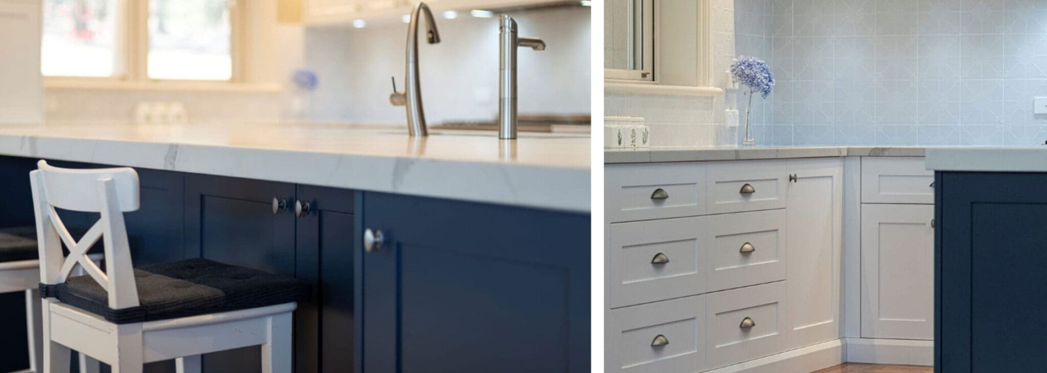 Divine two toned Hamptons kitchen wide view with blue cabinetry Mittagong