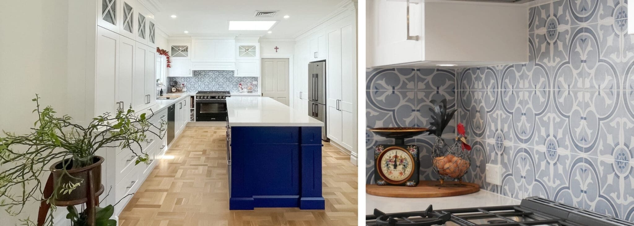 Dramatic Two Toned Kitchen Blakehurst banner X-Frame glass cabinet doors decorate the top of the wall cabinetry, adding a traditional touch to the modern kitchen, further highlighted by the striking blue and black handcrafted tiles on the splashback.