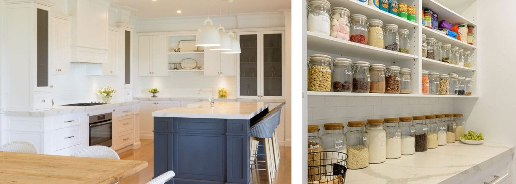 Elegant Stylish Two Toned Kitchen and featured pantry with organization.