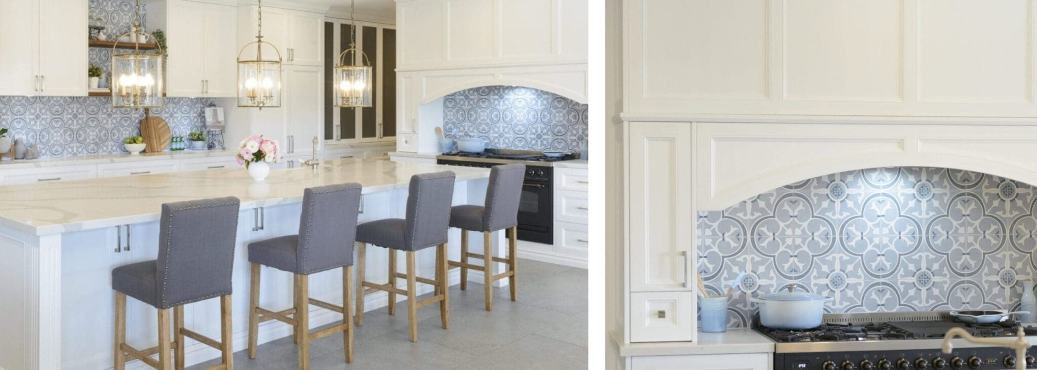 Light antique luxury kitchen with tiled splashback Kirkham with hanging pendant lights