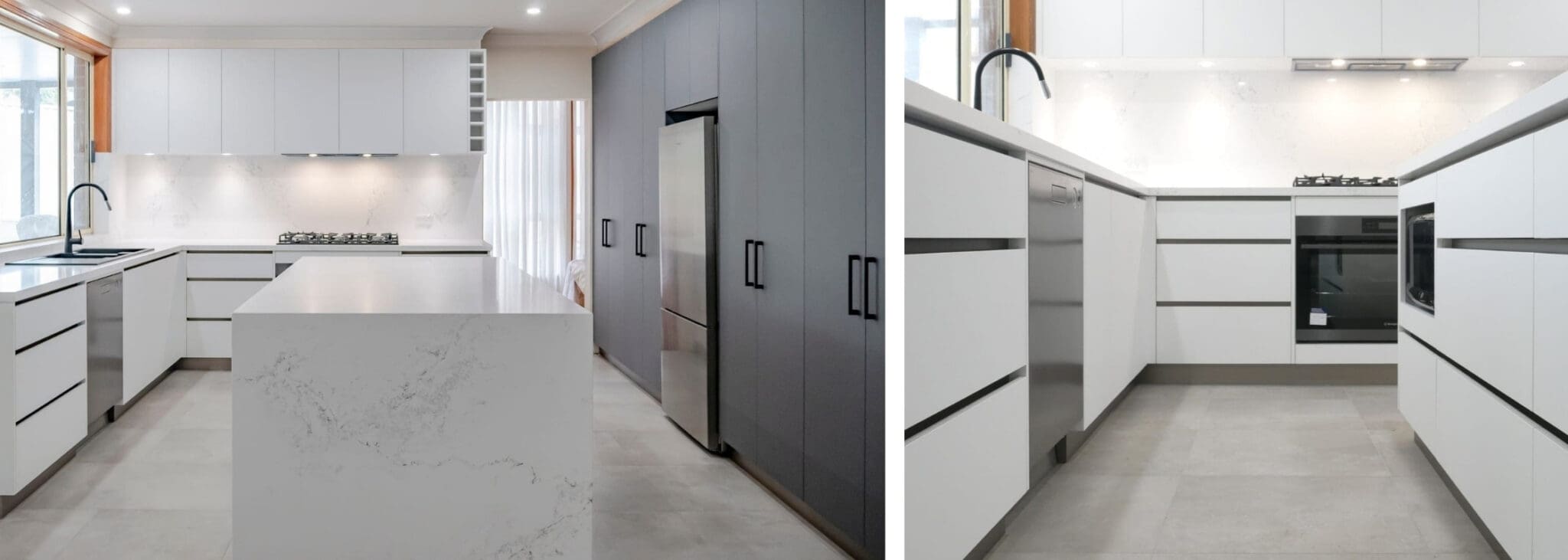 Modern kitchen featuring a sleek marble-look kitchen island with matte cabinetry and integrated appliances.