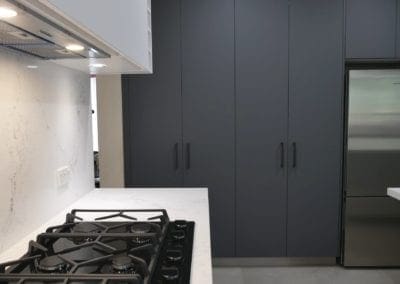 sleek black and white matte kitchen Harrington Park Laminex Stormcloud cabinetry