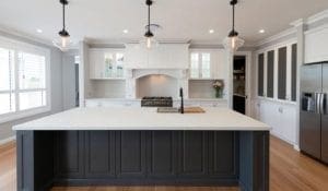 Striking two toned Hamptons kitchen Werombi kitchen island cabinetry