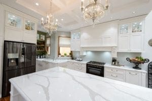 Old world bygone elegance kitchen Concord kitchen island and chandelier