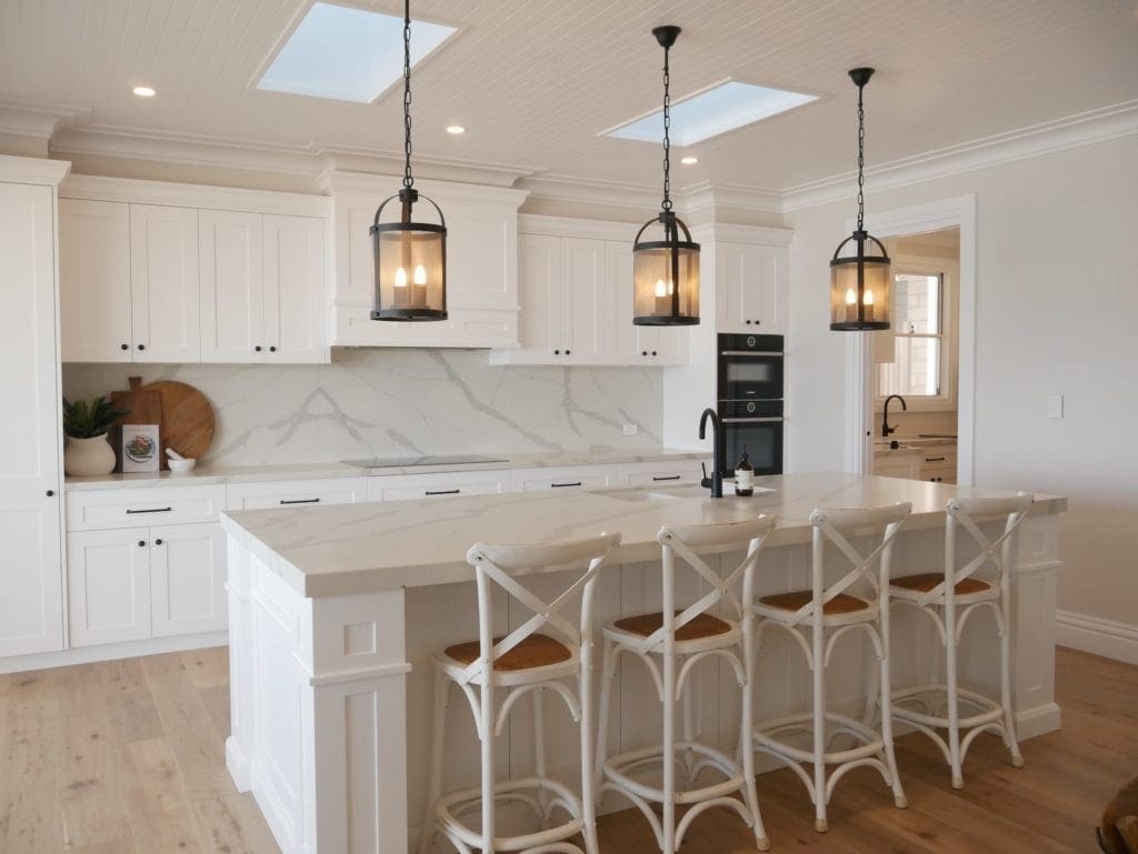 ocean glamour kitchen wombarra wide shot with white barstools
