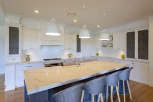 two toned white and grey kitchen orangeville kitchen island with hanging pendant lights