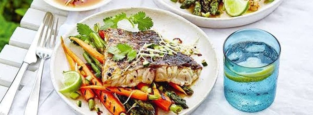 BBQ Chilli Barramundi with Carrot and Asparagus