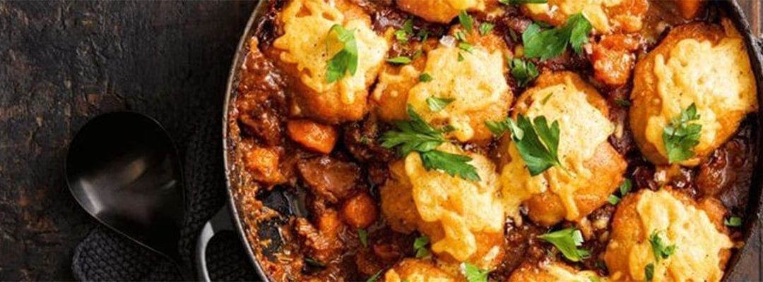 Classic Beef and Red Wine Stew with Cheesy Dumplings