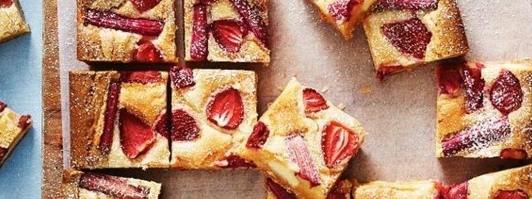 Fudgy Strawberry and Rhubarb Blondie