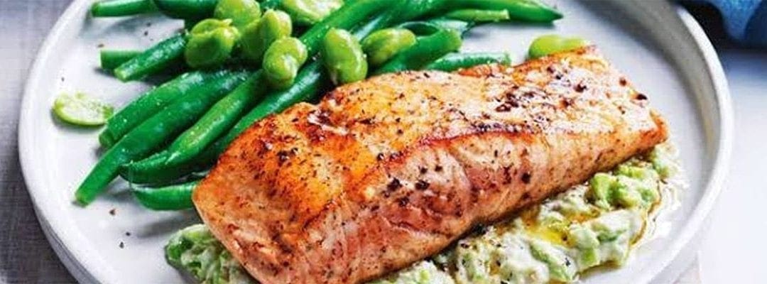 Garlic Salmon with Broad Bean Hommus