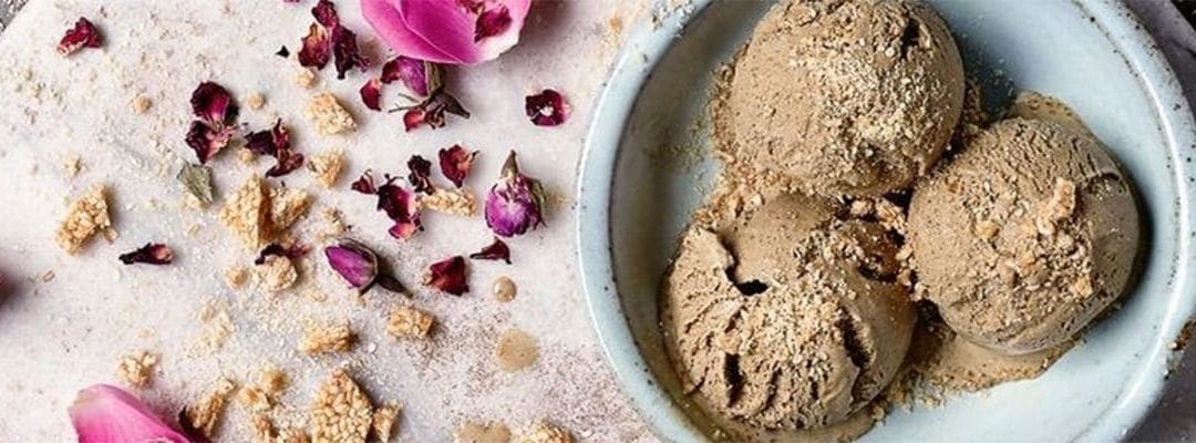 Rich Coffee Ice Cream with Rose and Sesame Ripple