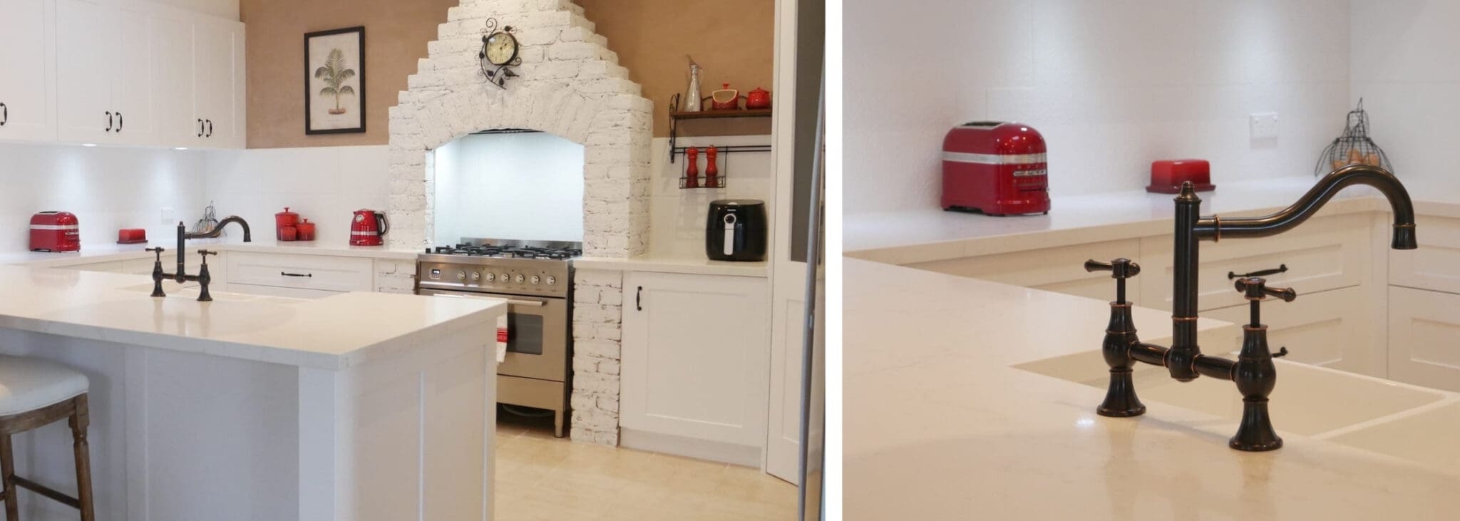 Character country filled kitchen in Mittagong white cabinetry with overhanging lights