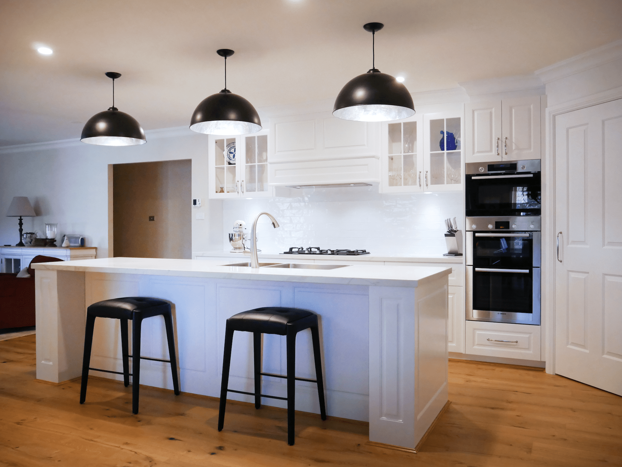 Bold-concept-with-high-class-finish-kitchen-island-Bowral Elegant black and white Hamptons kitchen island East Bowral