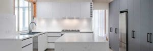 sleek black and white matte kitchen Harrington Park kitchen island wide shot