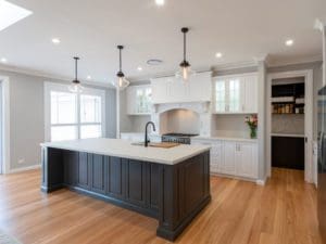 Striking two toned Hamptons kitchen Werombi kitchen island cabinetry