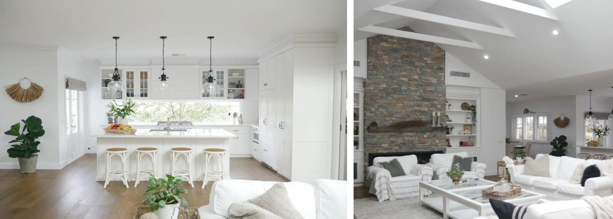 Hamptons style kitchen with white cabinetry, pendant lighting, and timber flooring