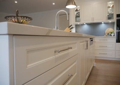 classic warm white kitchen Burradoo hamptons style white drawers with stone benchtop