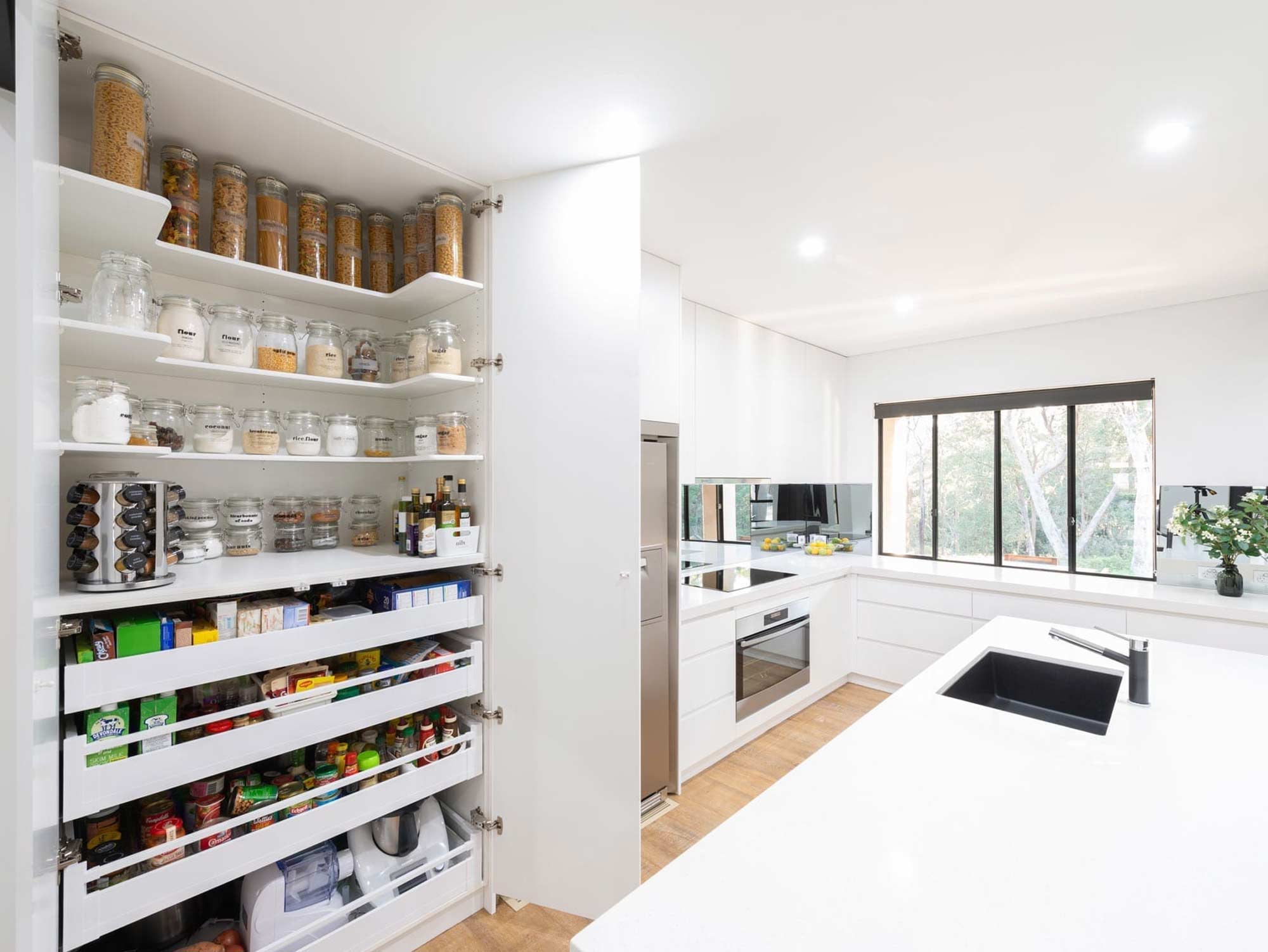 reach in pantry simple design with cupboard doors and open shelving 