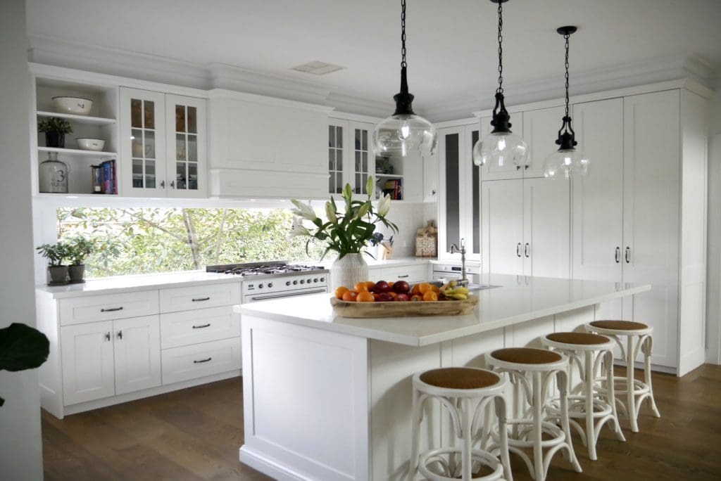 boho chic kitchen Ellis Lane white kitchen island