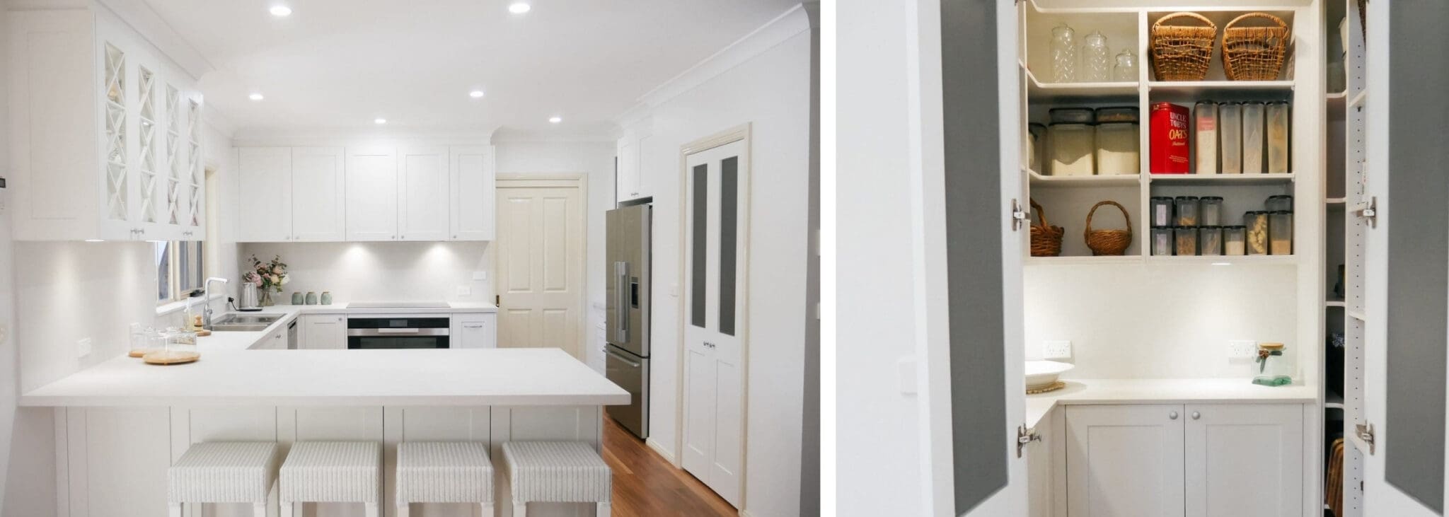 Muted White and Grey Hamptons Kitchen Colo Vale banner Muted white and grey Hamptons kitchen with elegant bar seating and bright kitchen ceiling lights for a warm, inviting atmosphere.
