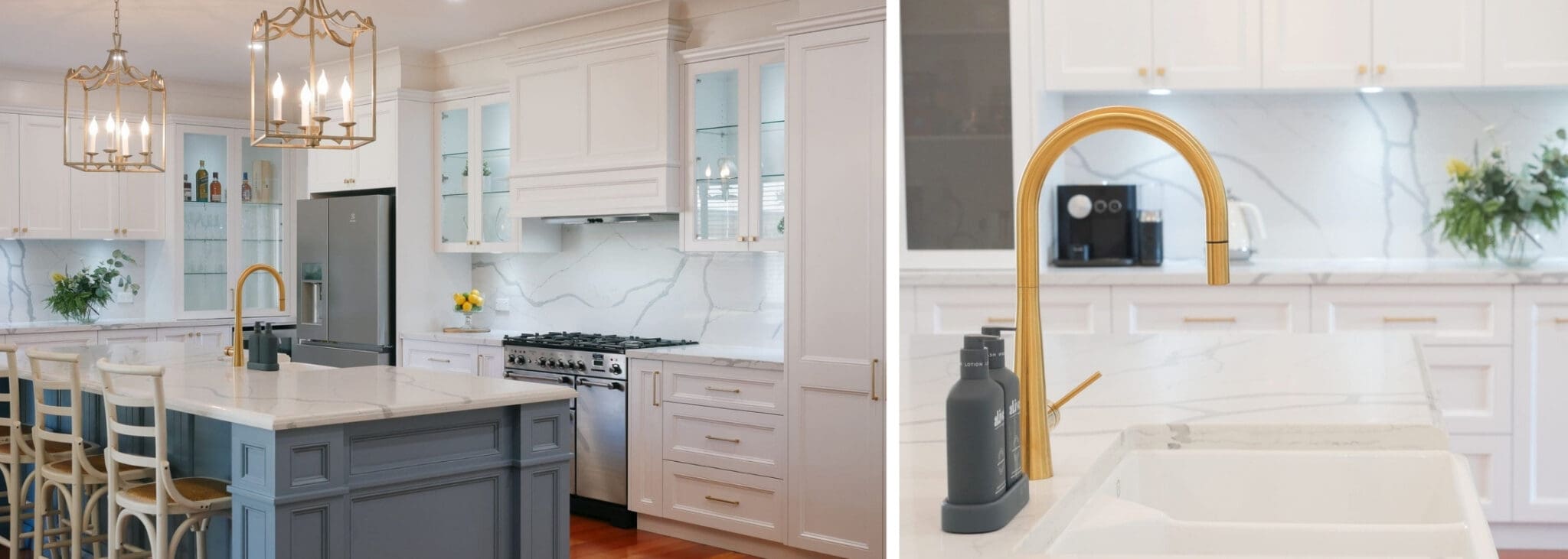 Elegant refined two toned kitchen Harrington Park kitchen island carriage lights