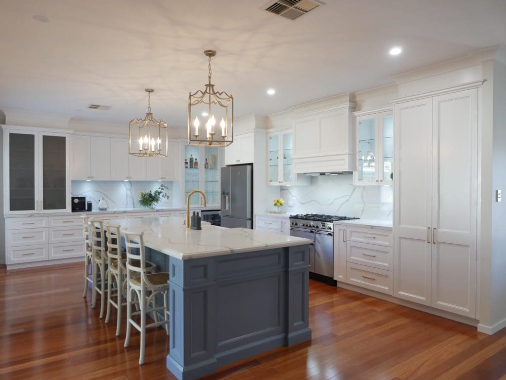 Elegant refined two toned kitchen Harrington Park wide view