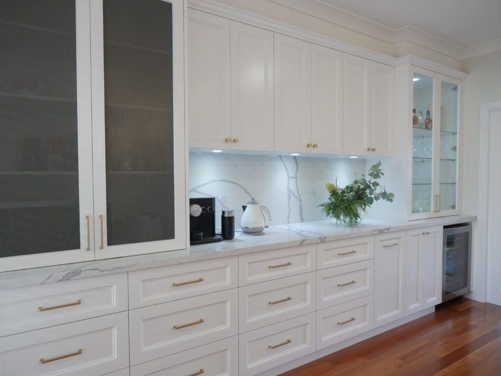 Elegant refined two toned kitchen Harrington Park appliance cabinet